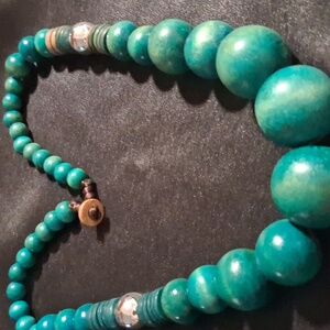Chunky Teal Or Turquoise Wooden Beaded Necklace. 22in L